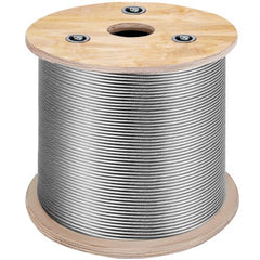 A 500ft coil of 1/8-inch 316 stainless steel 7x7 wire rope on a wooden reel.