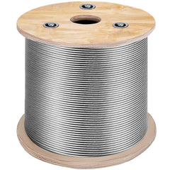 A 500ft coil of 1/8-inch 316 stainless steel 7x7 wire rope on a wooden reel.