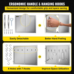 Stainless steel double BBQ access doors, 31x24 inches, with ergonomic handles and hanging hooks.