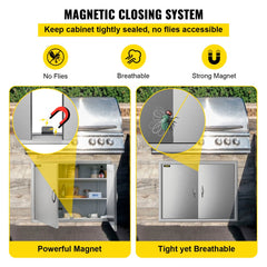 Stainless steel double BBQ access doors with magnetic closing system to seal tightly against flies.