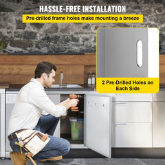 Stainless steel double BBQ access door with paper towel holder and ergonomic handles.