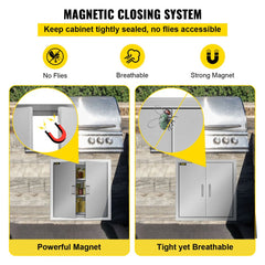 Stainless steel double BBQ access door with a paper towel holder and ergonomic handles.