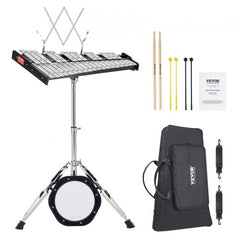 32-note professional glockenspiel xylophone kit with adjustable stand, mallets, sticks, practice pad, music stand, and carrying bag.