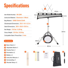 Diagram of Bostome 32-note glockenspiel kit showing dimensions, aluminum bars, stand, and accessories.