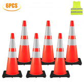 Six 36-inch orange PVC traffic safety cones with reflective collars for visibility and stability.