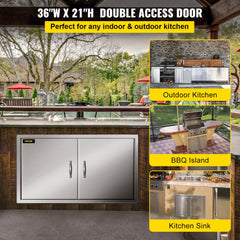 Stainless steel double BBQ access door with magnetic closure and detachable handles.