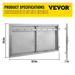 Stainless steel double BBQ access door with magnetic closure and ergonomic handles.