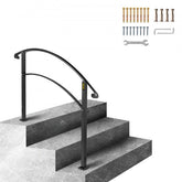 Black wrought iron handrail for 3 outdoor steps with adjustable height.
