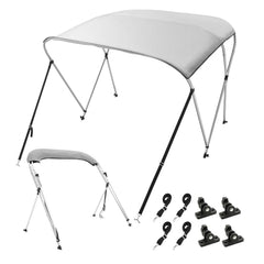 Light grey Bostome 3 bow bimini top boat cover made of 900D polyester with aluminum frame.