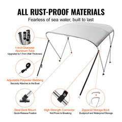 Light grey Bostome 3 bow bimini top boat cover made of 900D polyester with aluminum frame.