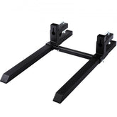 Heavy-duty steel clamp-on pallet forks measuring 42.9 inches for tractors and loaders.