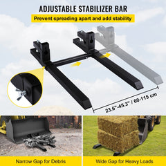 Heavy-duty steel clamp-on pallet forks measuring 42.9 inches for efficient material handling.