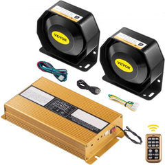 Bostome 400W 135dB car warning siren system with dual black speakers, gold amplifier, and remote control.