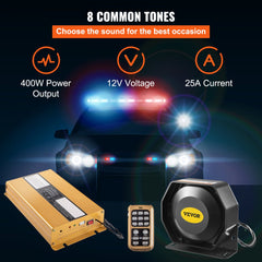 Bostome 400W car warning siren PA speaker system with 8 tones, amplifier, remote, and vehicle lights.