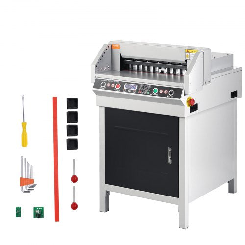 Bostome 450VS+ Electric Paper Cutter with an 18" width and sharp steel blade for precise cuts.