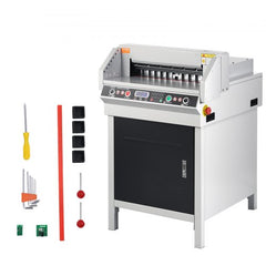 Bostome 450VS+ Electric Paper Cutter with an 18" width and sharp steel blade for precise cuts.