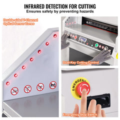 Electric paper cutter with an LCD display, steel blade, and safety features for precise cuts.