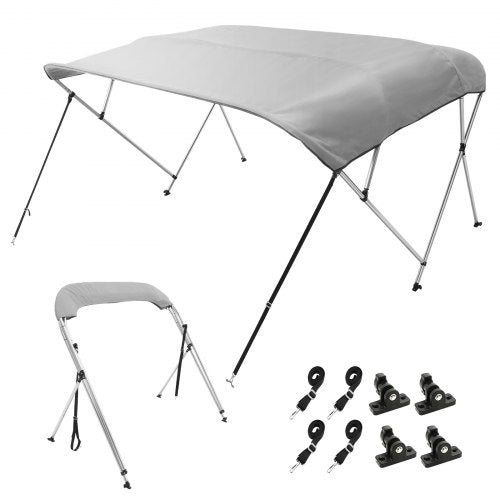 Light grey 4 bow bimini top boat cover with aluminum frame and 900D polyester fabric.
