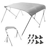 Light grey 4 bow bimini top boat cover with aluminum frame and 900D polyester fabric.