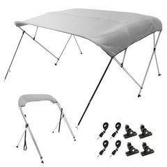 Light grey 4 bow bimini top boat cover with aluminum frame and 900D polyester fabric.