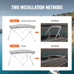 Diagram showing two installation methods for a 4-bow Bimini top boat cover with straps and poles, folding back or down on a boat.
