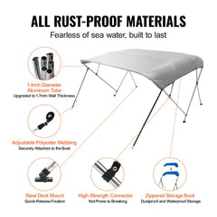 Light grey 4-bow Bimini top boat cover with aluminum frame, 900D polyester fabric, and secure straps.