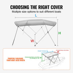 Diagram showing dimensions and fitting instructions for a light grey 4 bow bimini top boat cover.
