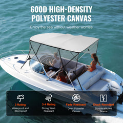 Light grey 600D polyester 4-bow Bimini top installed on a boat, providing shade over seating.