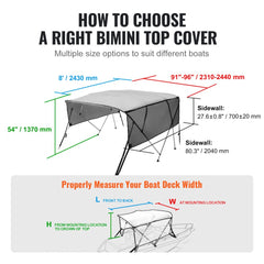 Diagram showing how to measure for a light grey 4-bow Bimini top boat cover with sizes 8'L x 54"H x 91-96"W.