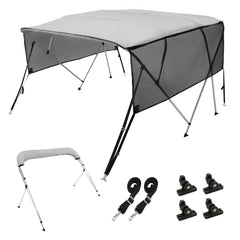 Light grey 4-bow bimini top boat cover with frame, straps, and clips, sized 8'L x 54"H x 79-84"W.
