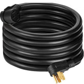 A coiled 50-foot black 40 Amp RV extension cord with NEMA 14-50 plugs and pure copper AWG8 wiring.