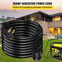 50ft black 30A welding extension cord coiled on grass near a yellow generator and house.