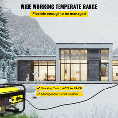 Yellow welding generator connected to a modern house with a 50ft extension cord in snowy weather.