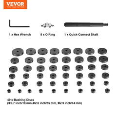 52-piece steel bushing press kit with 48 discs, hex wrench, O-rings, and quick-connect shaft.