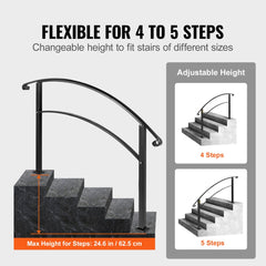 Black wrought iron handrail designed for five outdoor steps with adjustable height features.