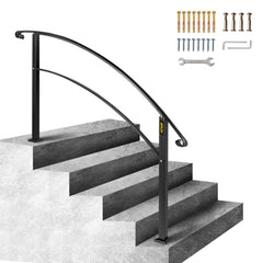 Black wrought iron handrail for five outdoor steps, adjustable up to 24.6 inches in height.