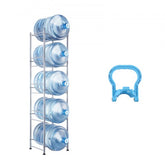Silver 5-tier water bottle rack holding five blue jugs, with blue handle accessory.