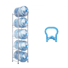 Silver 5-tier water bottle rack holding five blue jugs, with blue handle accessory.