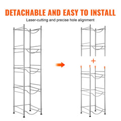 5-tier silver metal water bottle rack showing detachable assembly with laser-cut parts and precise hole alignment.