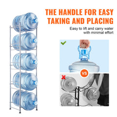 Silver 5-tier metal rack holding five large blue water bottles vertically.