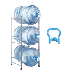 Silver iron rack with three tiers for organizing water jugs in a compact design.