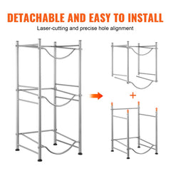 Silver iron rack designed to hold three water jugs in a 3-tier vertical arrangement.