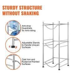 Silver iron rack designed to hold three water jugs in a 3-tier vertical arrangement.
