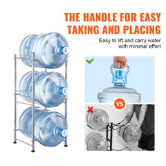 Three-tier silver iron rack designed to hold three water jugs securely.