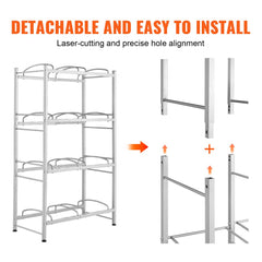 Silver 4-tier double row water jug holder for 8 bottles with adjustable heights.