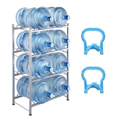 Silver 4-tier double row water jug holder for 8 bottles with adjustable heights and sturdy design.