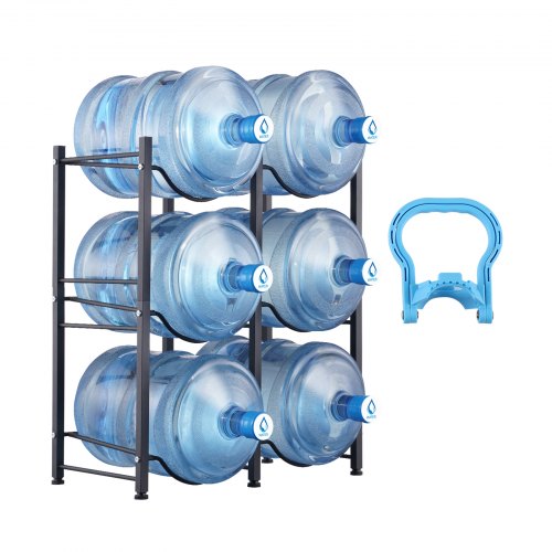 Black iron 3-tier water jug holder with double row design for 6 bottles.