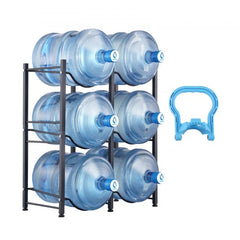 Black iron 3-tier water jug holder with double row design for 6 bottles.