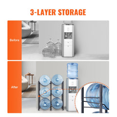 Black iron 3-tier water jug holder with double row design for 6 bottles, featuring high guardrails.