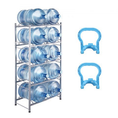 A silver-gray 5-tier double-row water jug rack holds 10 bottles, with two blue jug handles.